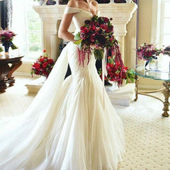 Sexy Off Shoulder V Neck Tulle Mermaid Wedding Dresses 2017