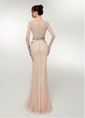Gold Beading V Neck Long Sleeve Mermaid Prom Dress