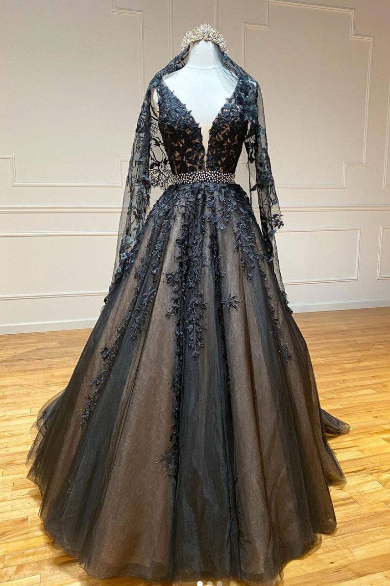 Black v neck tulle lace beads long prom dress black evening dress - RongMoon