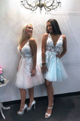 Cute v neck tulle lace short prom dress lace homecoming dress - RongMoon