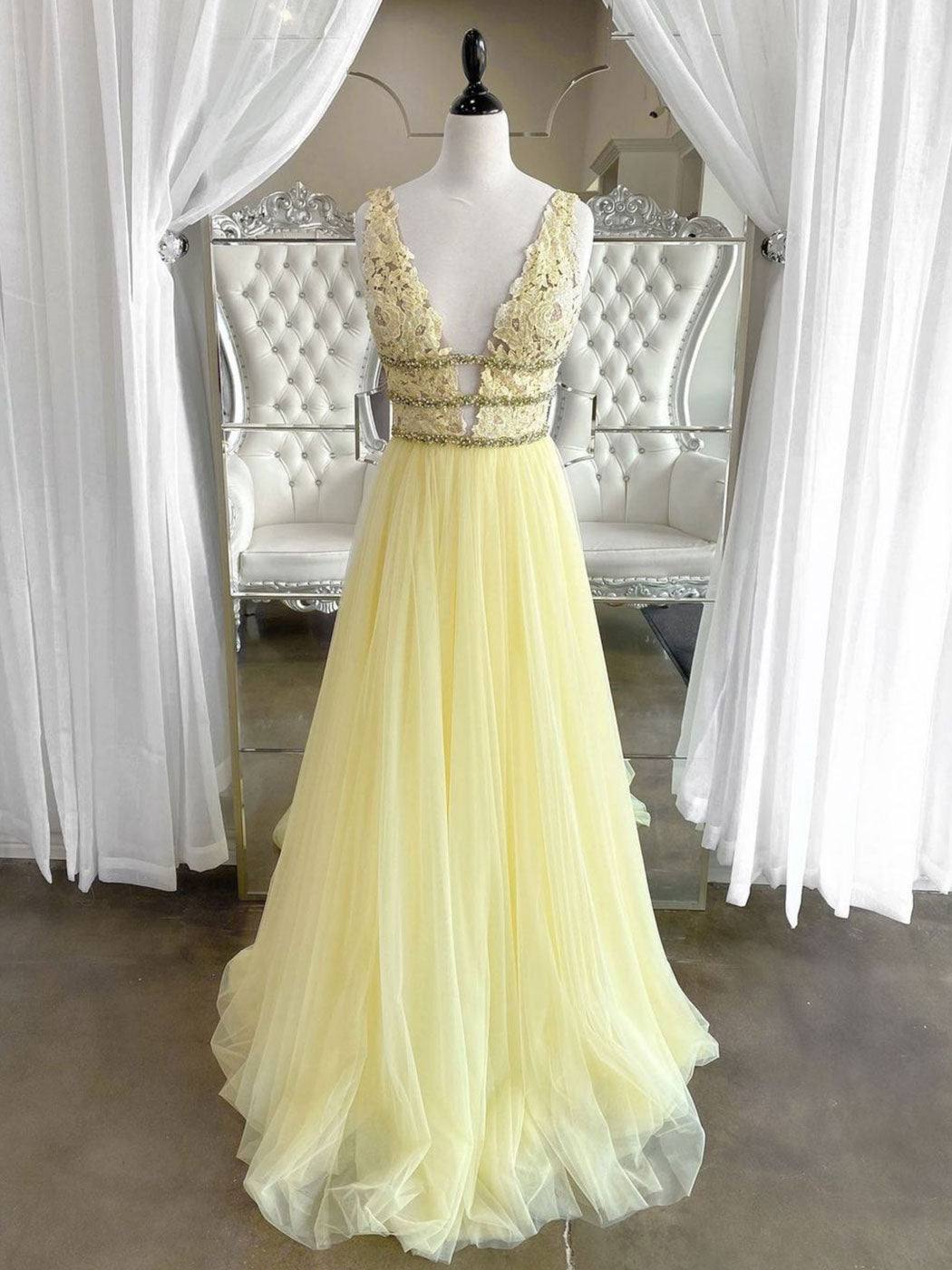 Yellow v neck tulle lace long prom dress, yellow tulle lace evening dress - RongMoon