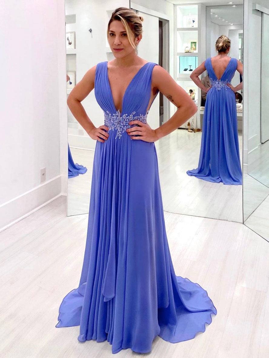 Blue v neck chiffon lace long prom dress, blue bridesmaid dress - RongMoon