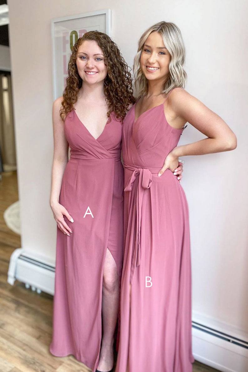 Simple pink chiffon long prom dress pink chiffon bridesmaid dress - RongMoon