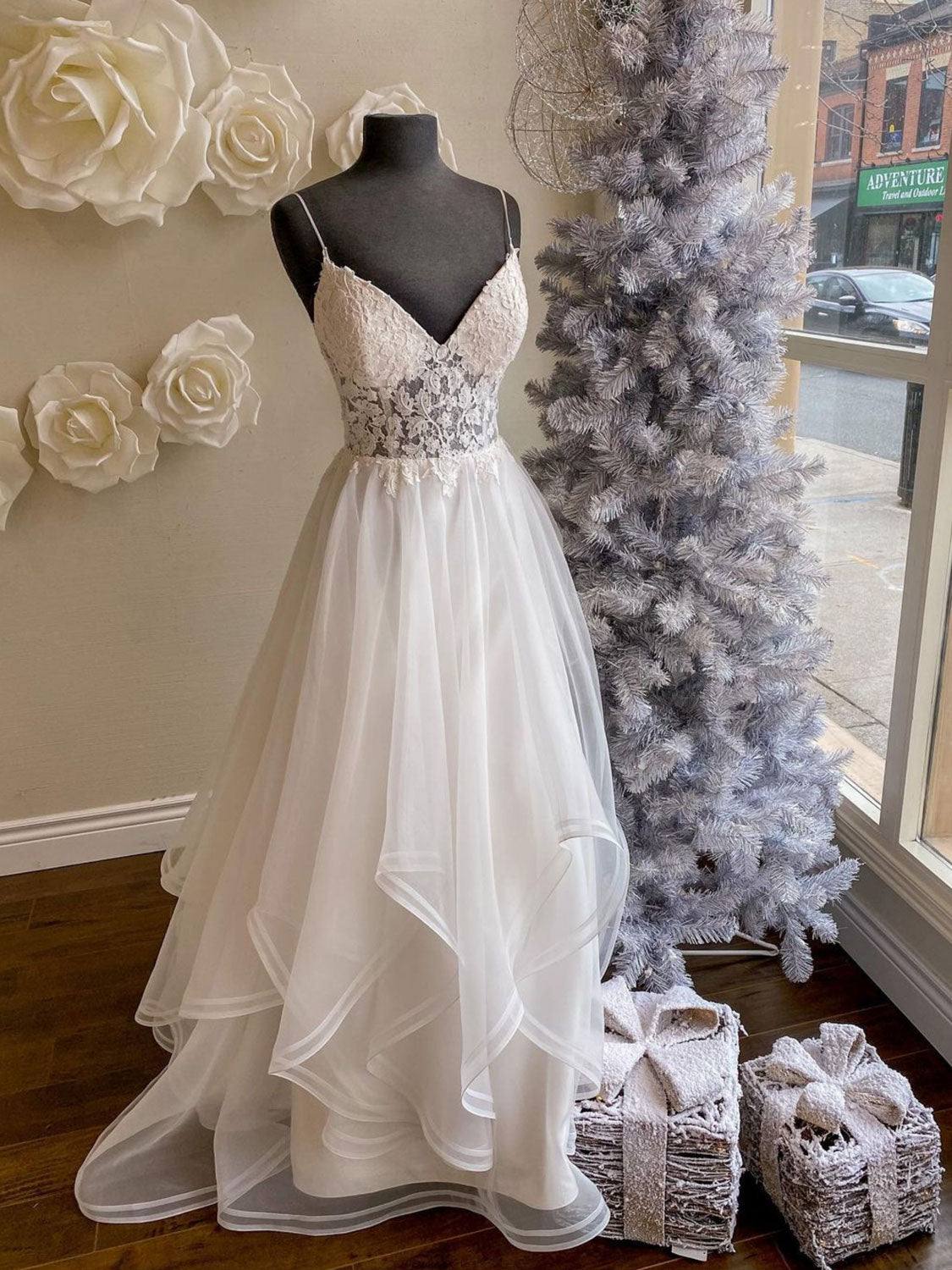 White v neck tulle lace long prom dress, white lace evening dress - RongMoon