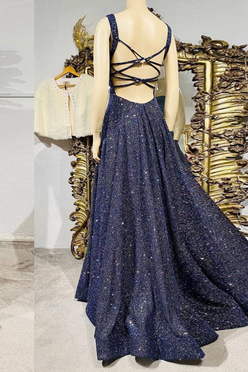 Dark blue sequin long prom dress , blue evening dress - RongMoon