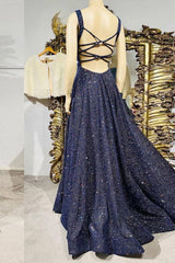 Dark blue sequin long prom dress , blue evening dress - RongMoon