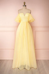 Yellow tulle off shoulder long prom dress yellow formal dress - RongMoon