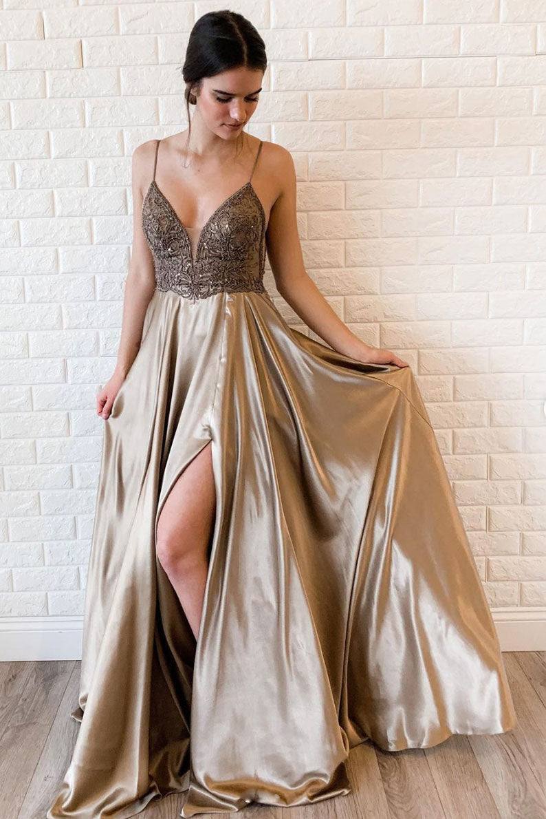 Unique v neck satin beads long prom dress formal dress - RongMoon