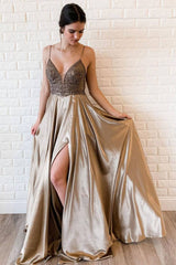 Unique v neck satin beads long prom dress formal dress - RongMoon
