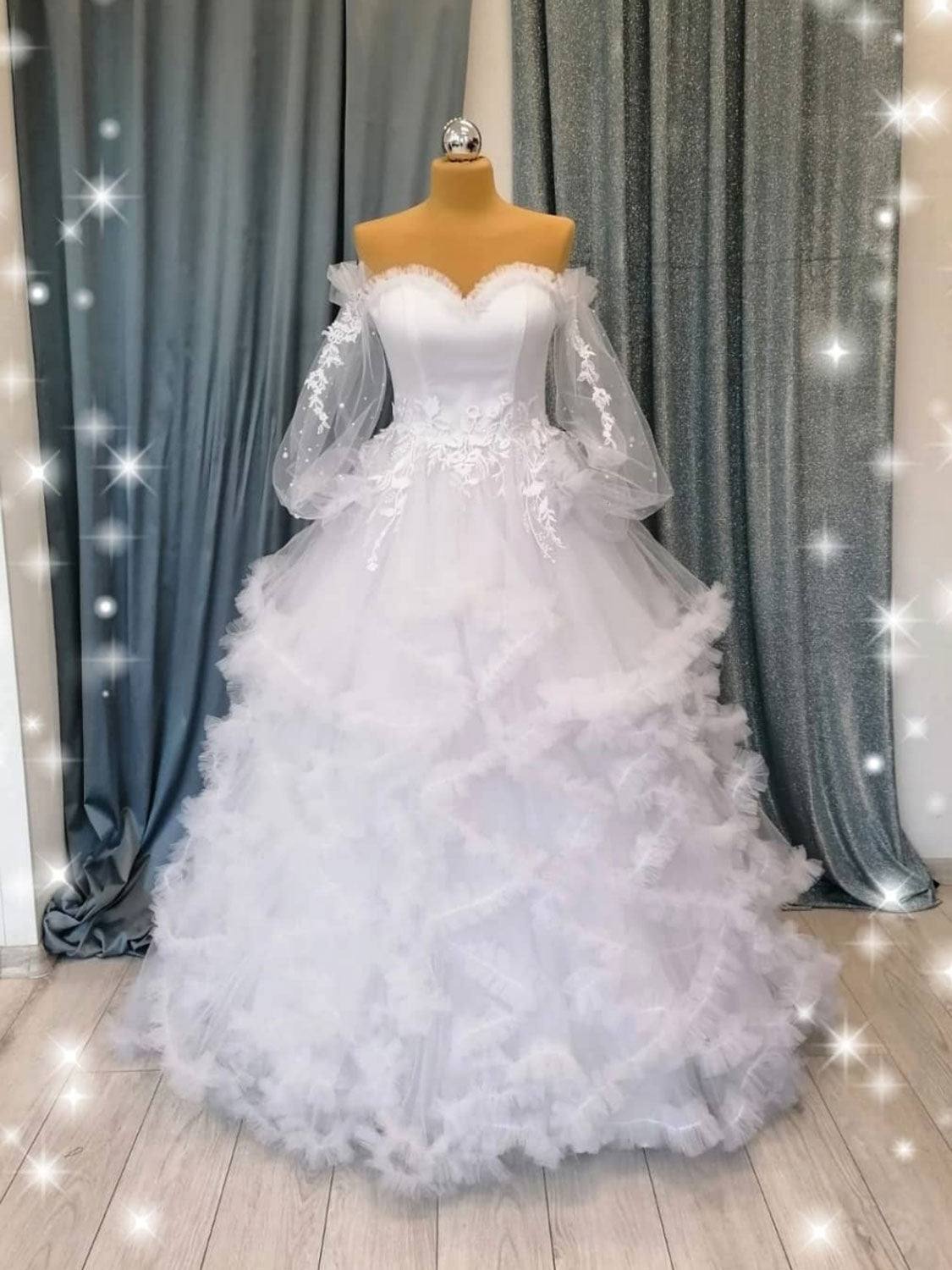 White sweetheart neck tulle long prom gown, white evening dress - RongMoon