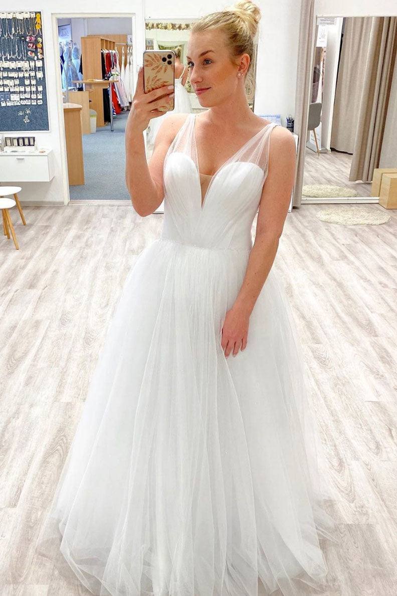 White v neck tulle long prom dress white tulle formal dress - RongMoon