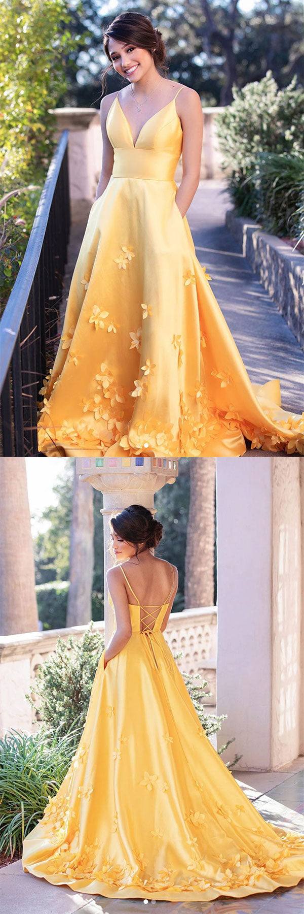 Yellow  satin long prom dress yellow evening dress - RongMoon