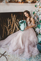 Light pink sweetheart tulle beads long prom dress pink formal dress - RongMoon