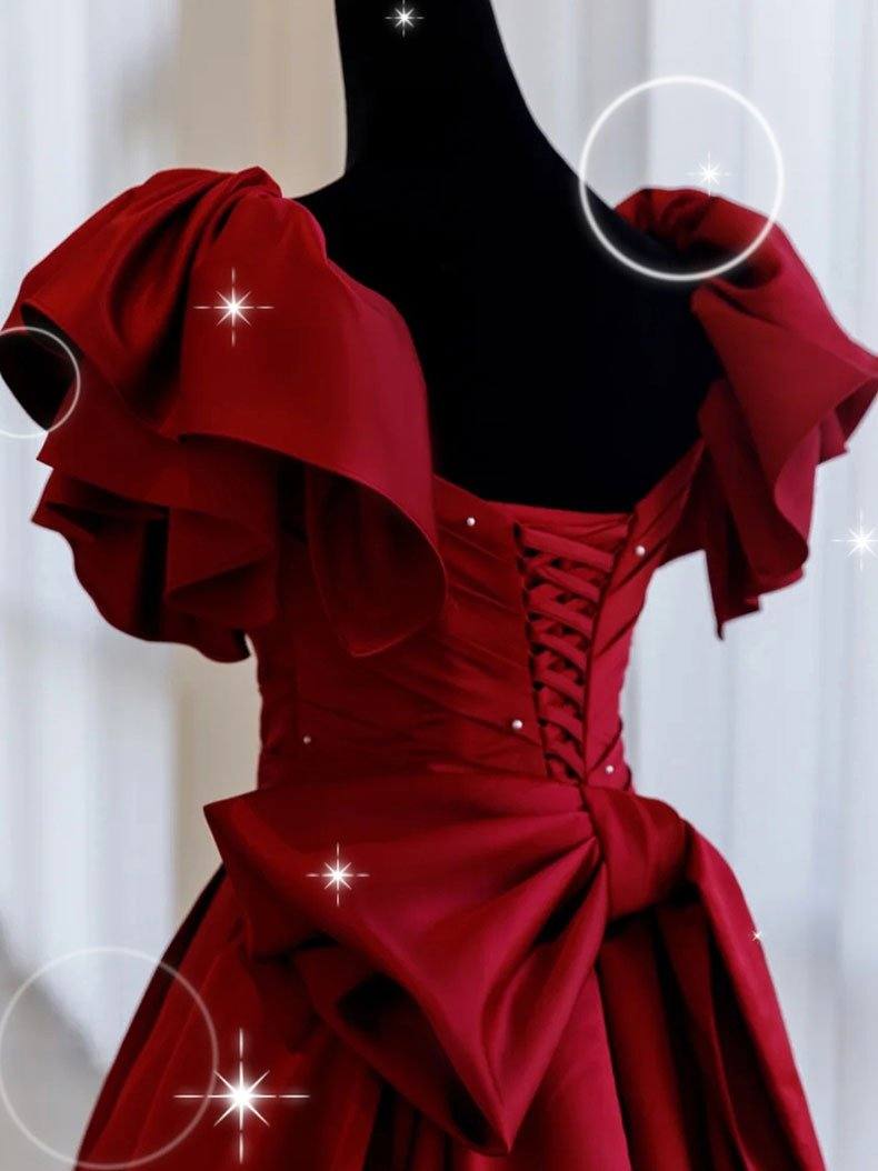 Burgundy off shoulder satin long prom dress, burgundy evening dress - RongMoon