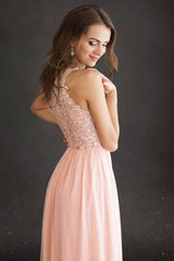 Pink round neck chiffon long prom dress lace pink evening dress - RongMoon