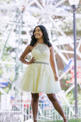 Yellow tulle lace short prom dress yellow homecoming dress - RongMoon