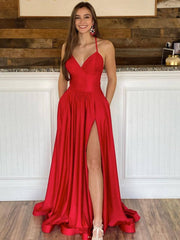 Simple red satin long prom dress, red evening dress - RongMoon