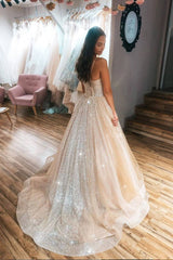 Champagne sweetheart tulle sequin long prom dress tulle formal dress - RongMoon
