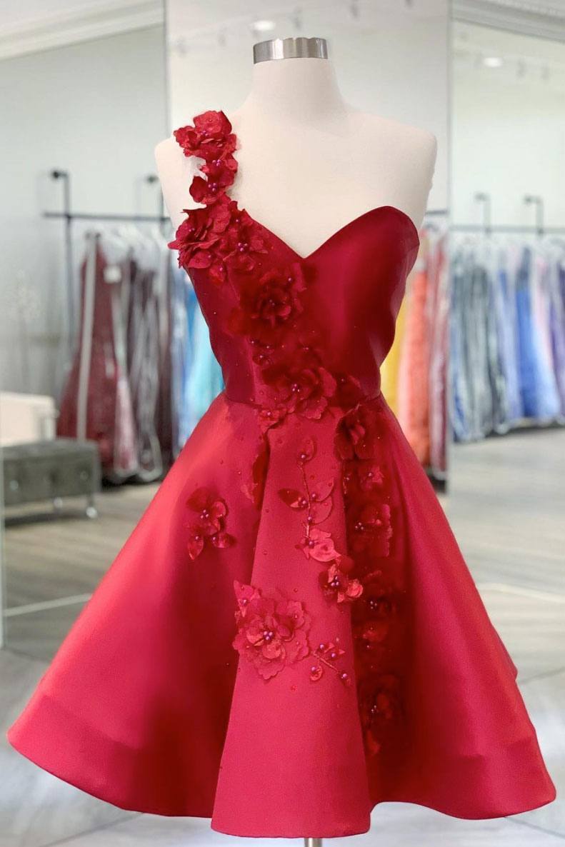 Burgundy v neck satin short prom dress one shoulder cocktail dress - RongMoon