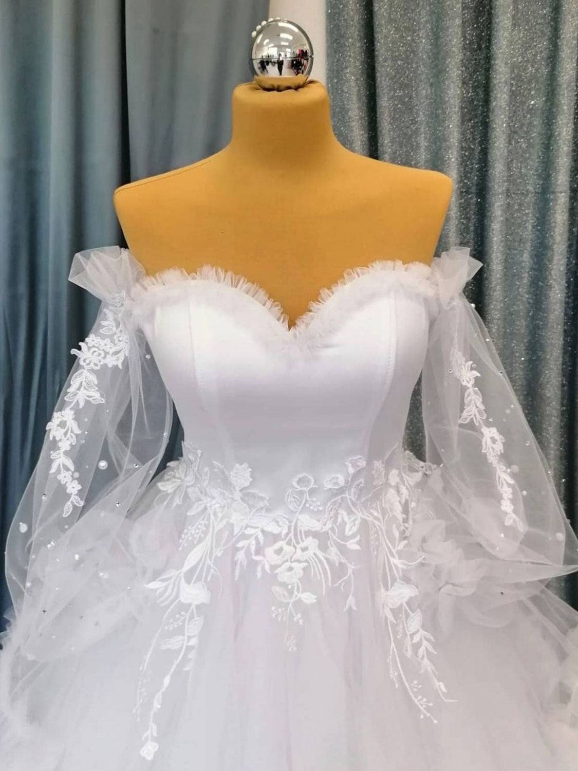 White sweetheart neck tulle long prom gown, white evening dress - RongMoon