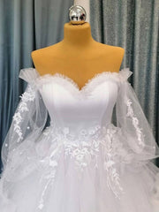 White sweetheart neck tulle long prom gown, white evening dress - RongMoon