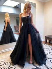 Black tulle sequin long prom dress, black tulle sequin evening dress - RongMoon