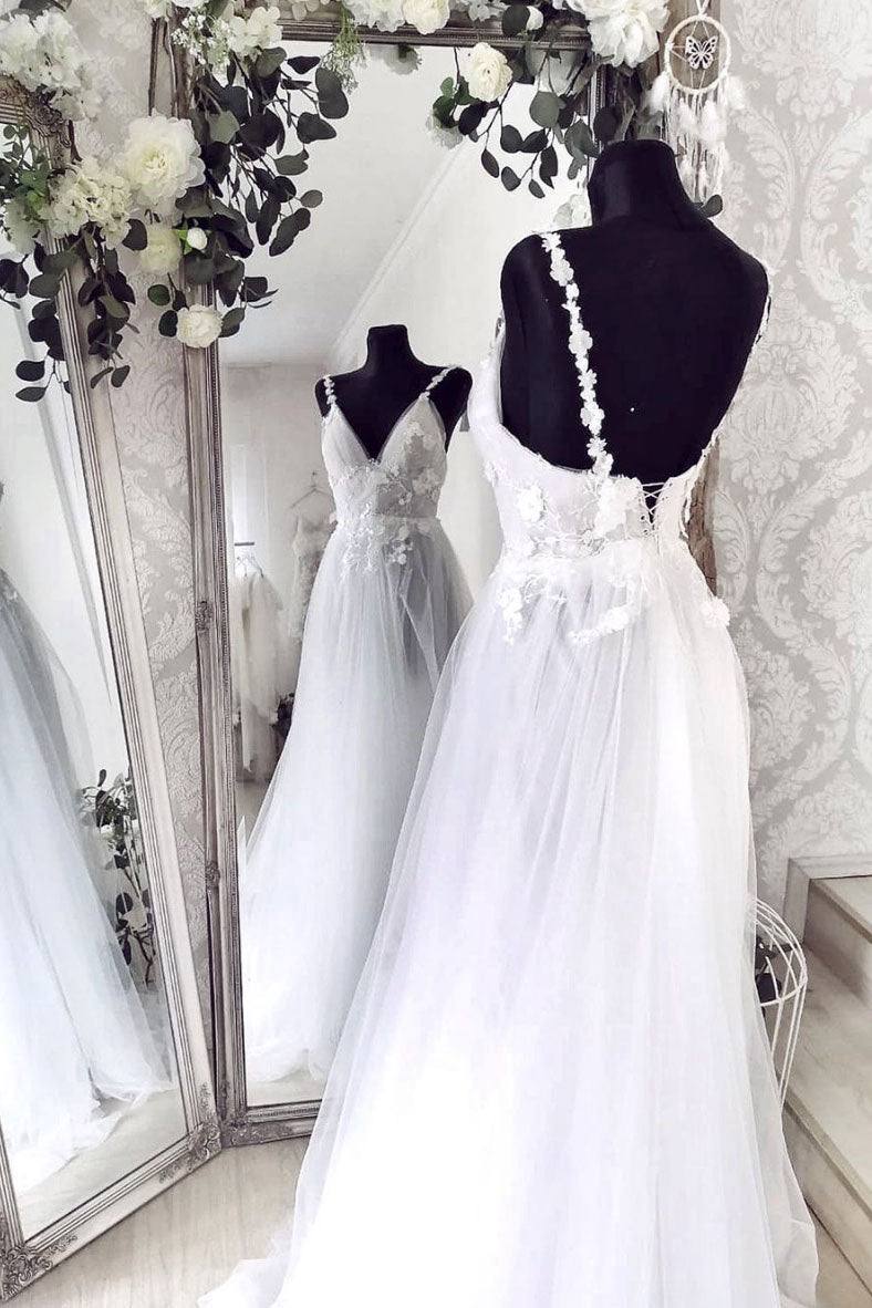 Unique v neck tulle lace long prom dress tulle lace evening dress - RongMoon