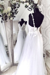 Unique v neck tulle lace long prom dress tulle lace evening dress - RongMoon