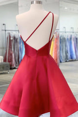 Burgundy v neck satin short prom dress one shoulder cocktail dress - RongMoon