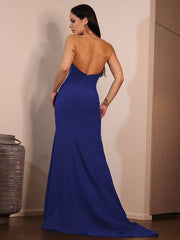 Sheath/Column Jersey Ruched Strapless Sleeveless Sweep/Brush Train Dresses - RongMoon