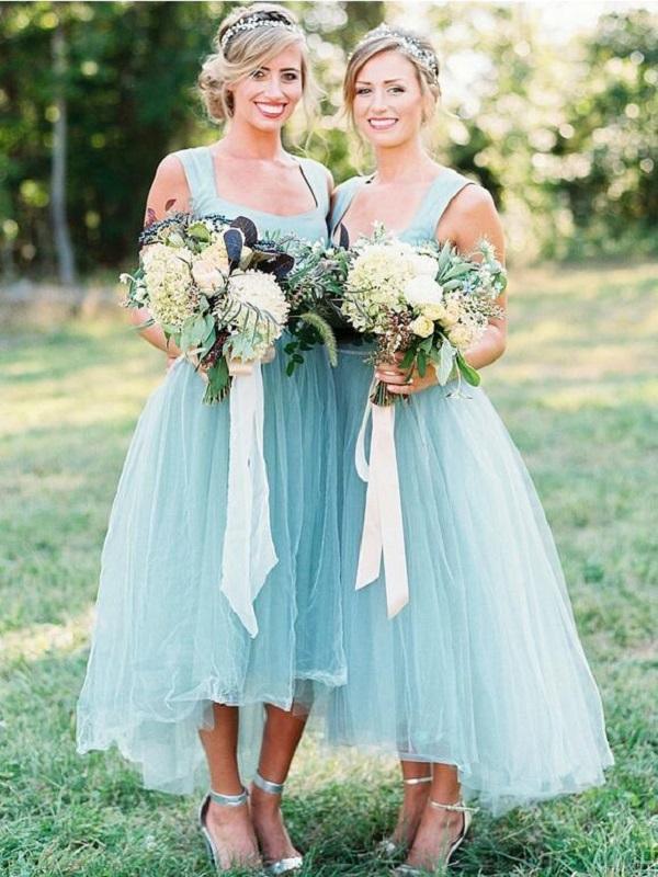 Mint Tea Length Tulle Bridesmaid Dresses, Simple A-line Wedding Guest Dresses - RongMoon