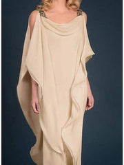 Sheath / Column Mother of the Bride Dress Elegant Jewel Neck Floor Length Chiffon Satin Half Sleeve with Beading Cascading Ruffles - RongMoon