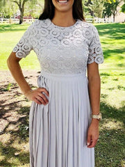 Sheath / Column Mother of the Bride Dress Elegant Jewel Neck Floor Length Chiffon Lace Short Sleeve with Lace Appliques Ruching - RongMoon