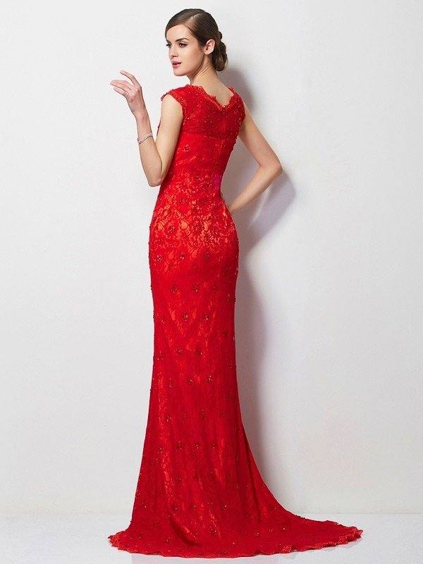A-Line/Princess Scoop Short Sleeves Applique Long Lace Dresses - RongMoon