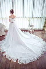 Lace Long Unique White Off The Shoulder Wedding Dress With Belt