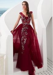 Tulle V-neck Beading Navy Floor-length A-line Evening Dress
