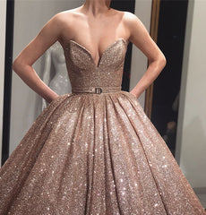 Sequin Ball Gown Strapless Gold Prom Dress With Belt