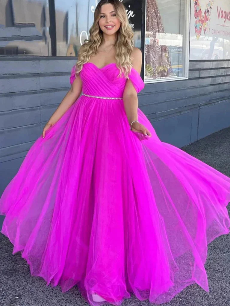 Fuchsia Tulle Beading Off Shoulder Long Prom Dress