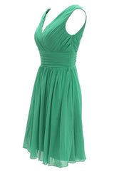 V Neck Watermelon Chiffon Short Bridesmaid Dress