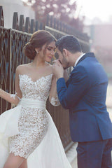 Short Lace Long Sleeve Latest Wedding Dress with Detachable Train