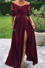 Short Sleeves Lace Appliques Burgundy Off-The-Shoulder Side-Slit A-Line Prom Dress