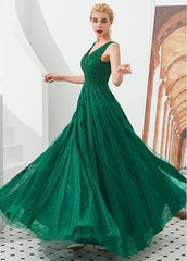 Shining Tulle V-neck A-line Formal & Evening Dress