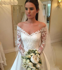 A-Line White Satin Off the Shoulder Long Sleeve Appliques Wedding Dress