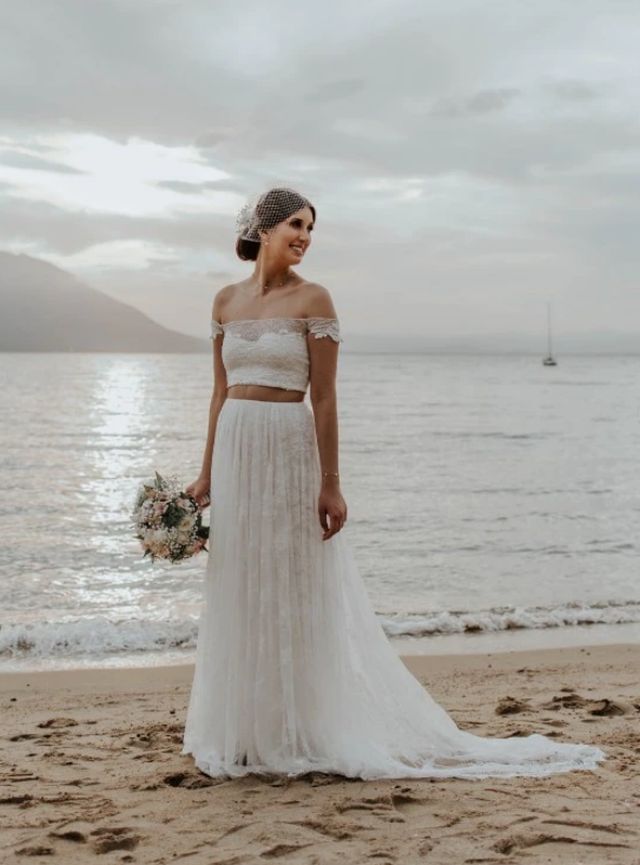 A-Line White Lace Two Piece Off the Shoulder Wedding Dress