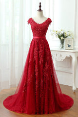 Beading Lace Tulle Long Red V Neck Appliques Prom Dress