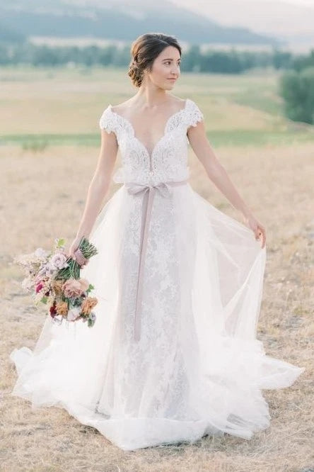 Mermaid Detachable Train V-neck Lace Cap Sleeve Wedding Dress