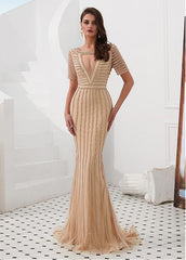 Tulle & Spandex Jewel Rhinestones Black Mermaid Evening Dress