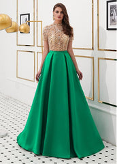 Tulle & Satin High Collar Gold  A-line Prom Dress