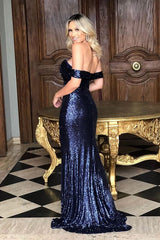 Off The Shoulder Gold Sexy Side Slit Sequins Long Open Back Prom Dress