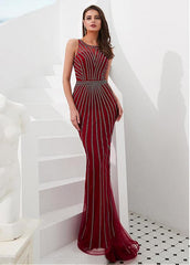 Beading Tulle & Spandex Jewel Floor-length Mermaid Evening Dress